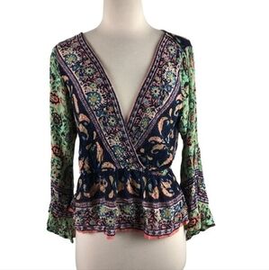 Free People Womens Boho Floral Blouse Blue Green Pink Peach Size Medium